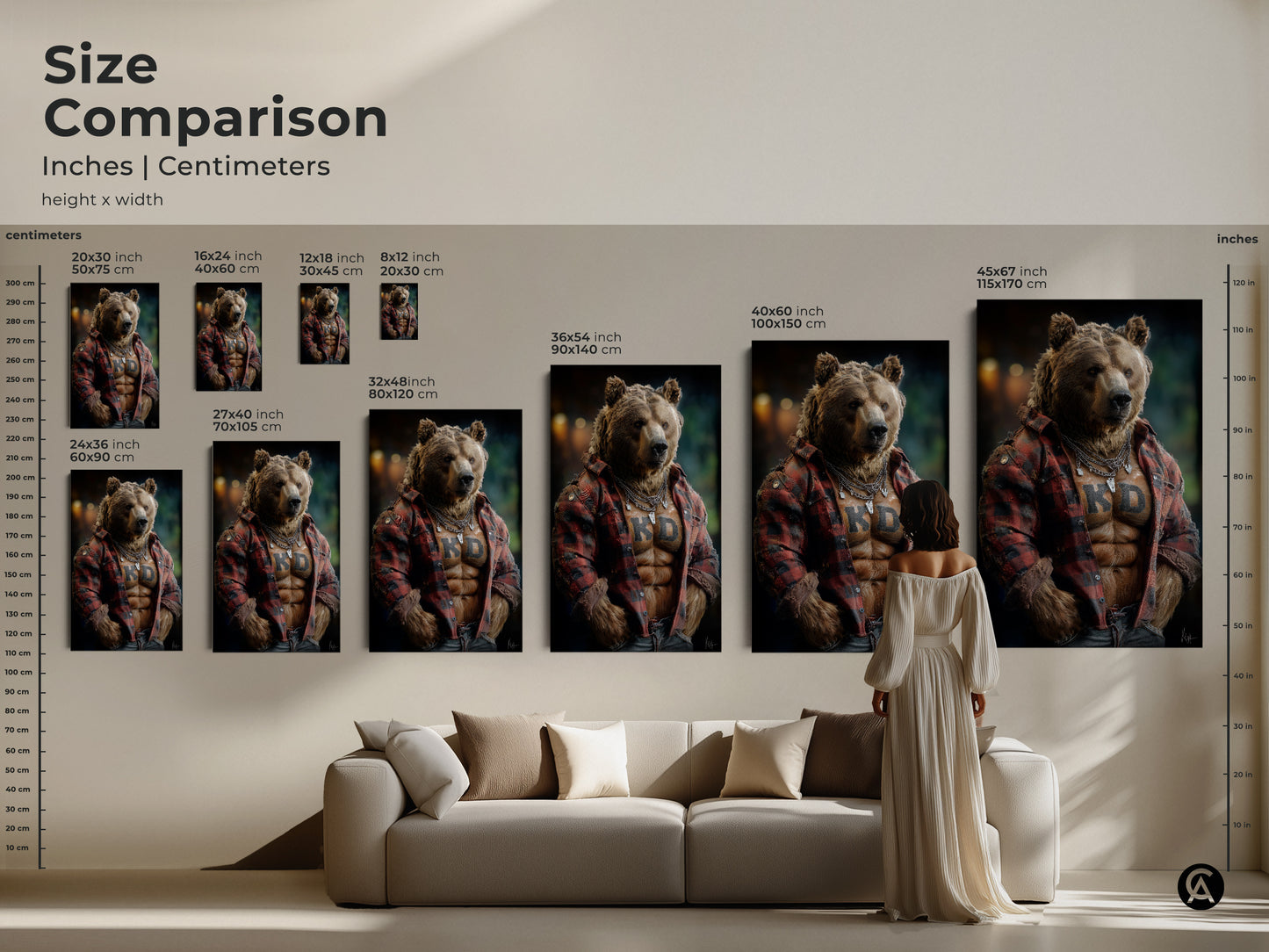 Size comparison inches and centimeters featuring the bear artwork. Artwork featuring a flannel shirt bear is suited for eclectic home decor. Sizes range to accommodate any wall space. Great rustic gift.