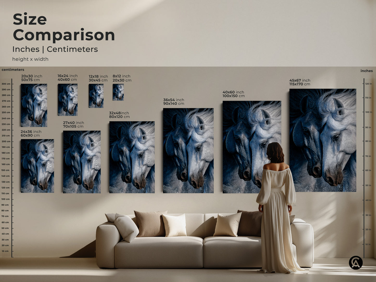 Size comparison of indigo horse art in inches and centimeters. See how the sizes range on the wall. A woman in white dress stands next to a sofa. The canvas and poster sizes range from small to large. The animal portrait wall art is perfect for bedroom decor. A great gift for horse lovers.