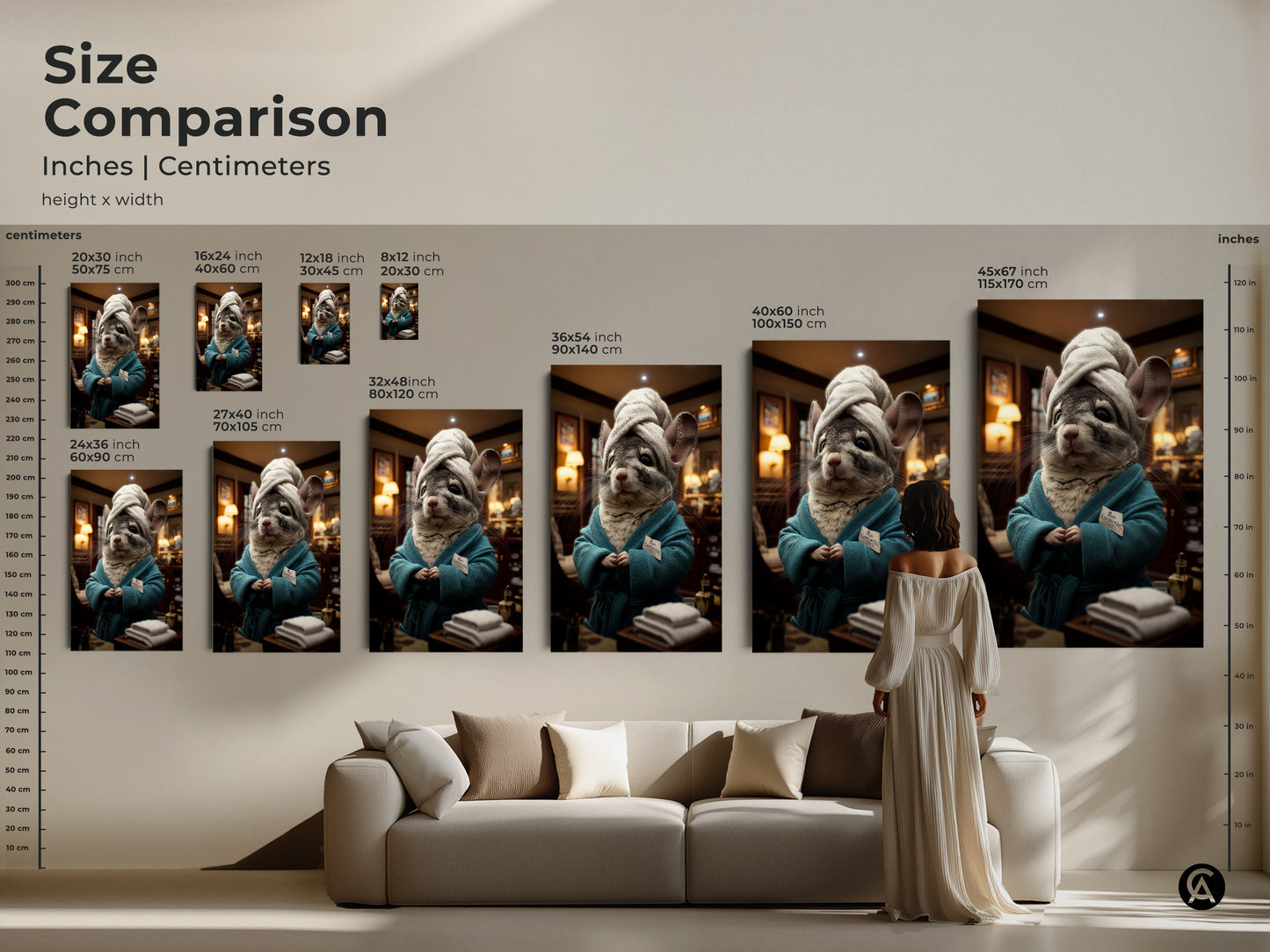 Size comparison of chinchilla spa day art prints in inches and centimeters. Visualize how the artwork fits in your home. Choose from various sizes to match your decor. This funny animal artwork is perfect for pet lovers. Canvas and poster prints are available. Ideal for eclectic rooms and spa-themed bathrooms.