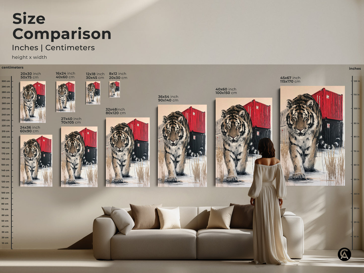 Size comparison of the Tiger canvas art print. See how different sizes enhance your living room decor. Visualize various dimensions to choose the perfect canvas for your space. Available in inches and centimeters