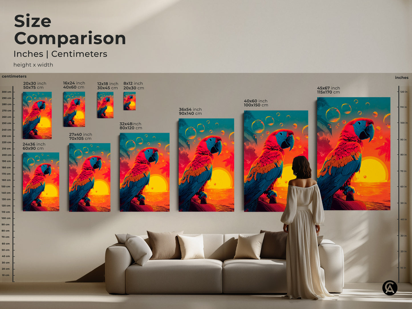Size comparison of parrot artwork featuring a colorful parrot and sunset. Various sizes are displayed in inches and centimeters. See how the artwork looks in a living room setting. Find the perfect size to enhance your home decor today.