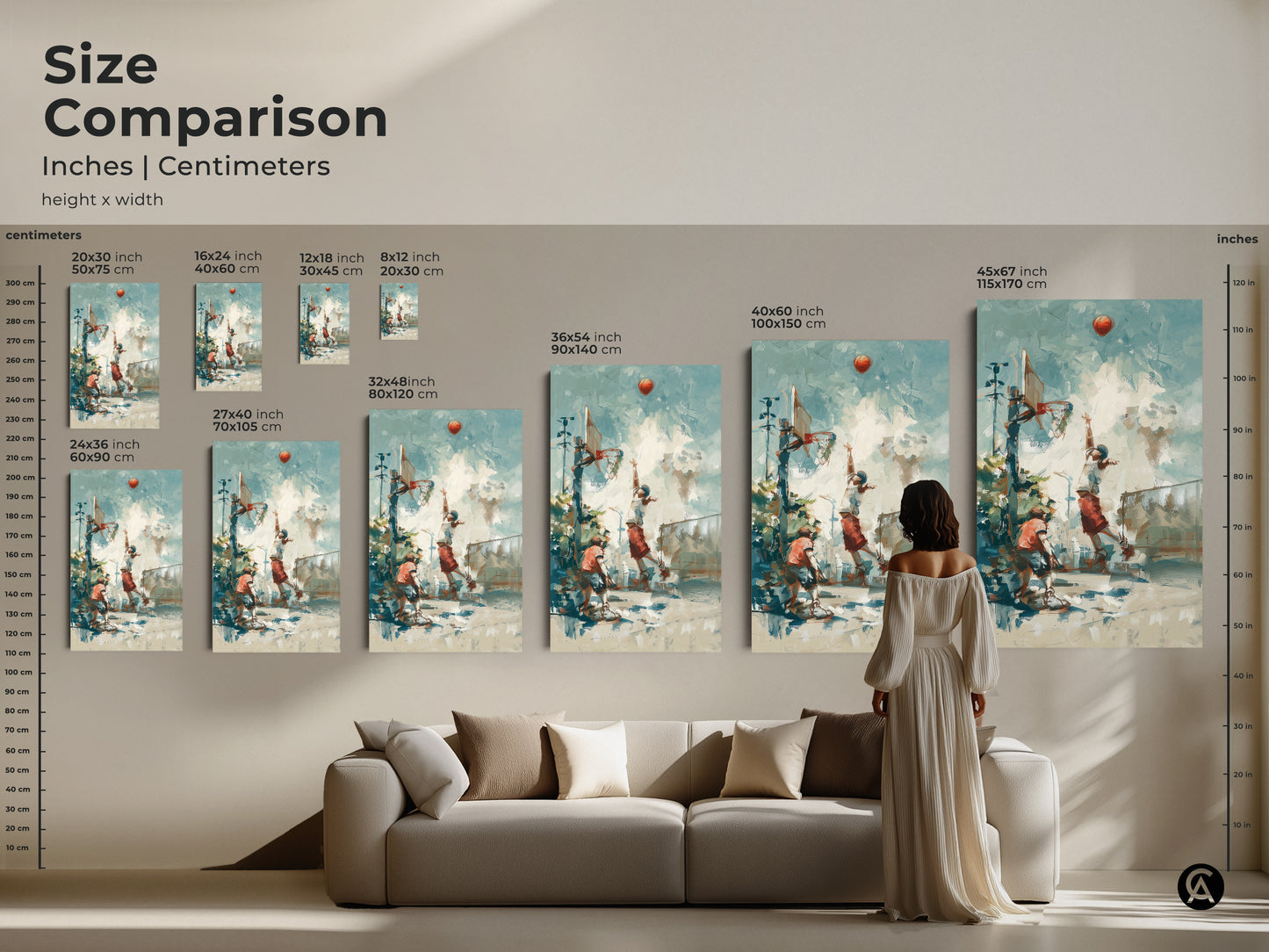 Compare sizes of our basketball art prints. See how each canvas and poster fits in a living space. Available in various inches and centimeters. Find the perfect scale for your home decor. Elevate your interior with our unique artwork today