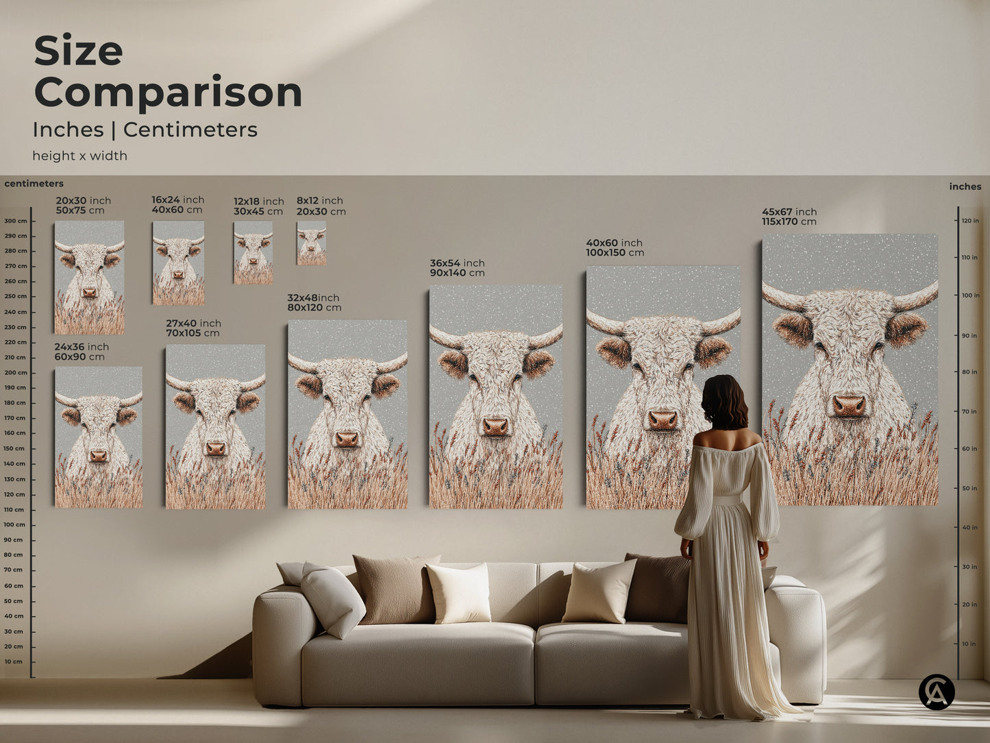 Size comparison of white longhorn bull artwork in inches and centimeters. See how the canvas or poster looks in various sizes. Perfect for planning your wall decor. Ranging from small to extra large sizes.