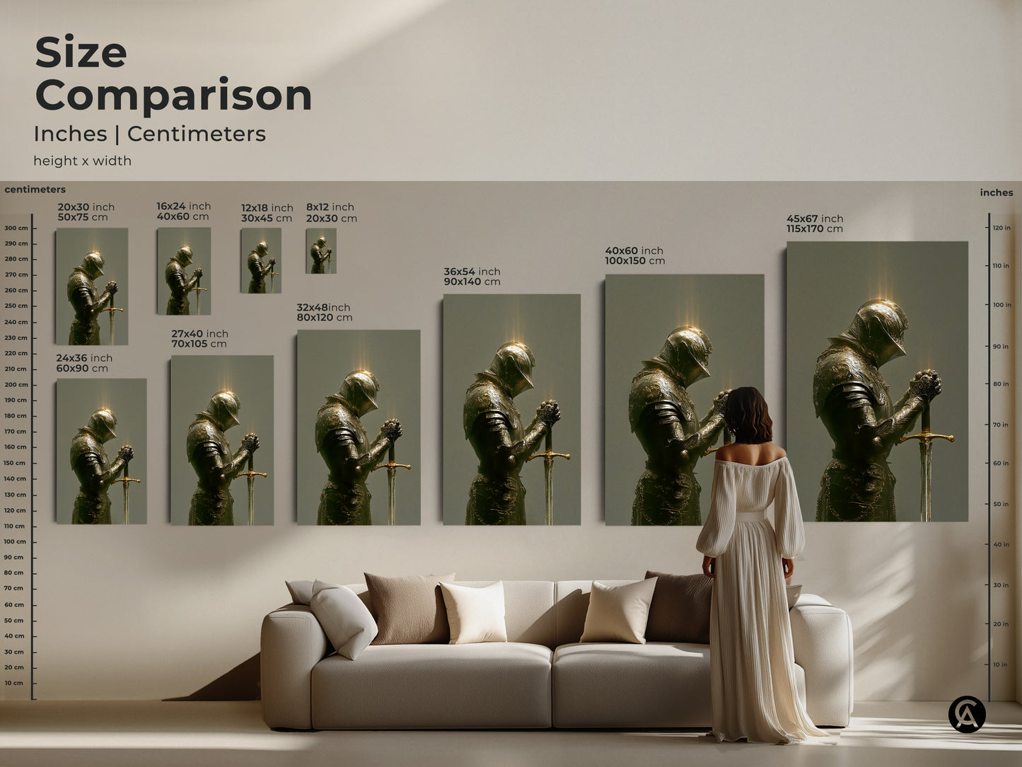 Framed Canvas featuring a Knight in armor with a floating frame in white. The artwork is ready to hang. It embodies a Gothic and Dark Academia aesthetic. Perfect for a Study Room or Office. This piece brings a touch of refined style.