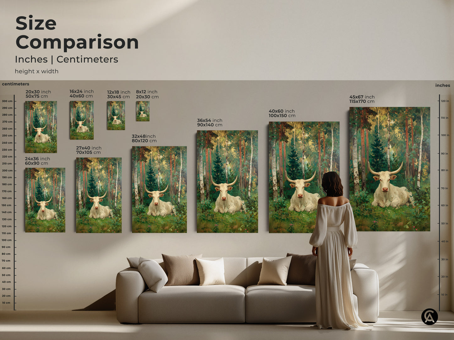A size comparison of the white longhorn bull art in various dimensions. See how the artwork fits above a sofa and complements a living room setting. Perfect sizes for canvas and poster options are available.