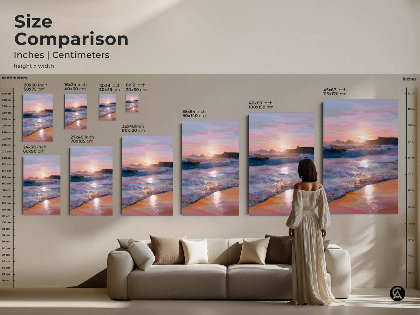 Compare sizes of ocean sunset artwork in inches and centimeters. This coastal landscape print is shown in various dimensions to fit your space. Perfect for adding teal pink orange painting to your residential wall art. Create a coastal home style.