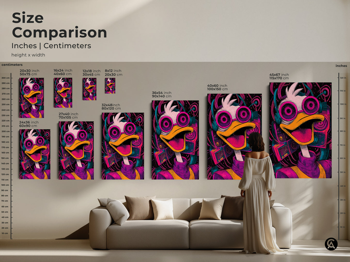 Size comparison of Donald Duck art prints. Inches and centimeters chart shows various sizes. Choose from small to large prints for your wall decor. Perfect for any room in your home.