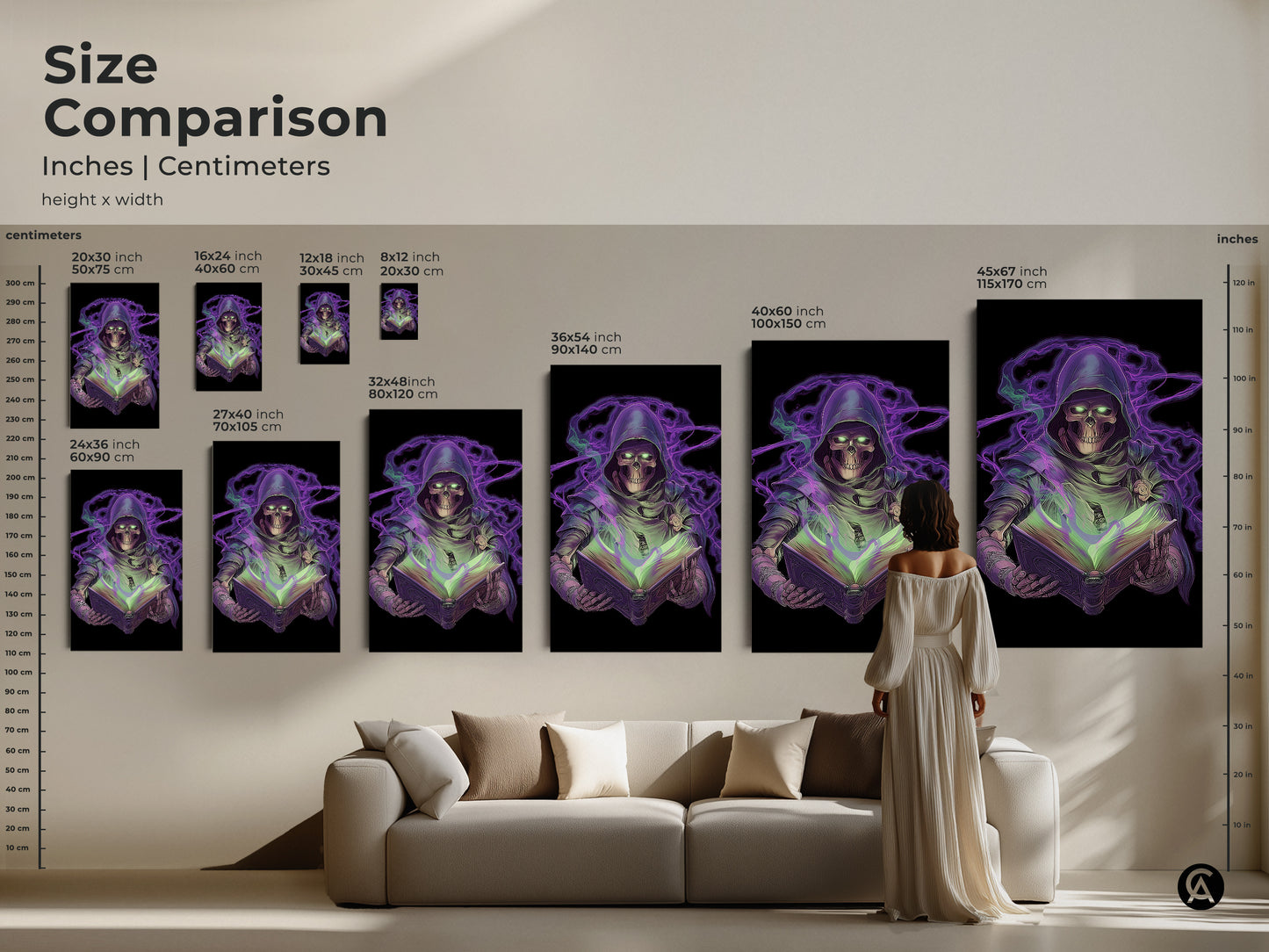 Size comparison of neon purple Grim Reaper art. See inches and centimeters. Gothic skeleton reading spellbook in multiple dimensions. From 8x12 to 45x67 inches. Visualize dark fantasy wall art above a sofa for gamer office decor