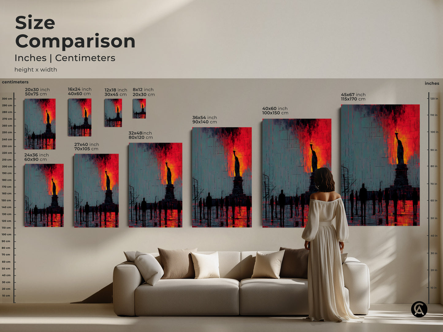 Size comparison featuring the Statue of Liberty artwork. See the various size options in inches and centimeters. This canvas or poster will fit perfectly above a sofa or in any room.