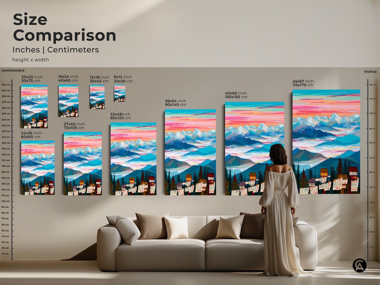 Size comparison of the mountain cabin artwork in inches and centimeters. See how the colorful sky landscape looks in various dimensions. Ideal for planning your nature-inspired wall decor. Find the perfect fit.
