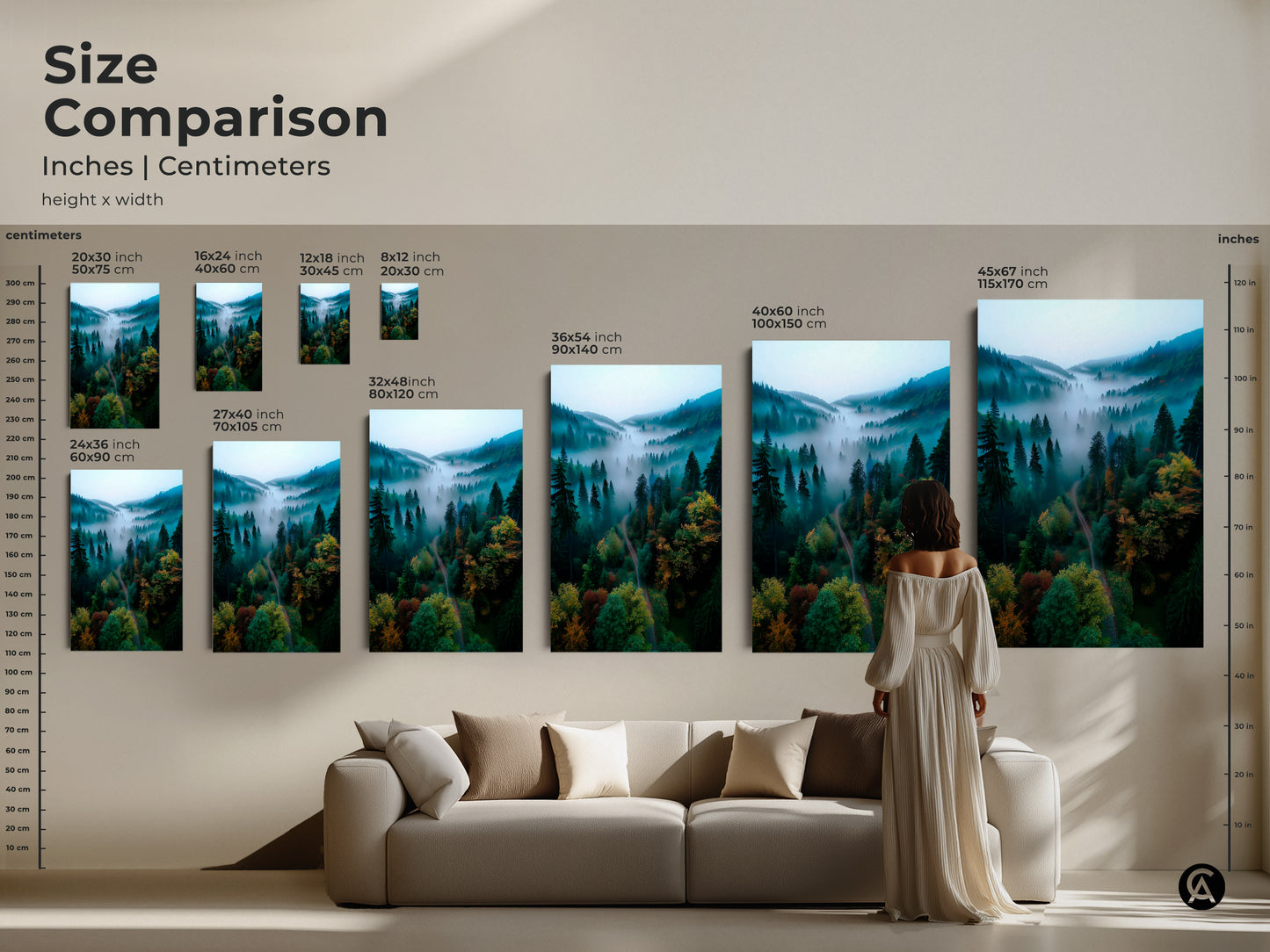 A size comparison showcases misty forest artwork in various dimensions. See how different sizes fit above a sofa. Available in inches and centimeters. Perfect for visualizing artwork in your home.