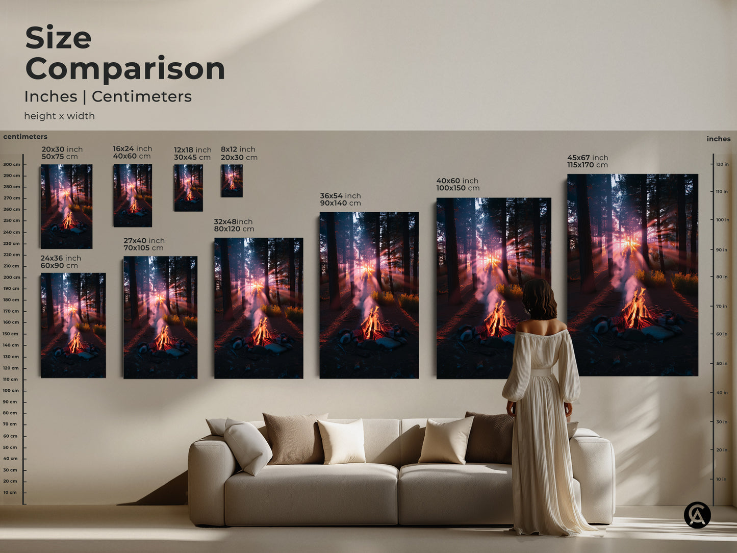 Size comparison of campfire in forest artwork. See how different sizes fit above a sofa. Available as canvas or poster prints. Ranging from small to large. The rustic sunset landscape print will enhance your living room decor. Perfect home decor nature print.