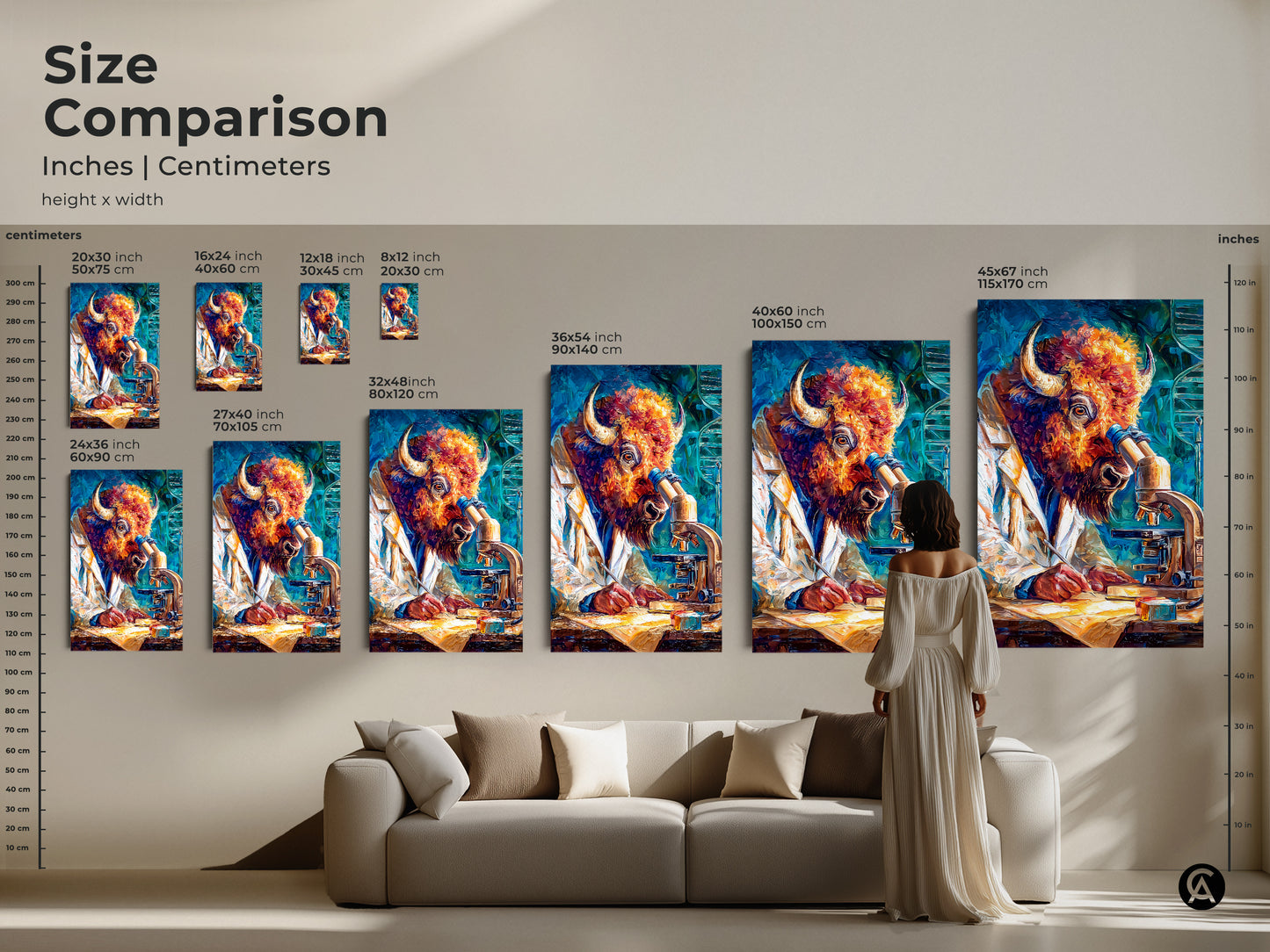 Size comparison of artwork in inches and centimeters. See the various sizes available. From 8x12 inches to 45x67 inches. Visualize the artwork in a living room setting. Find the perfect size for your space. Buy this great art today.