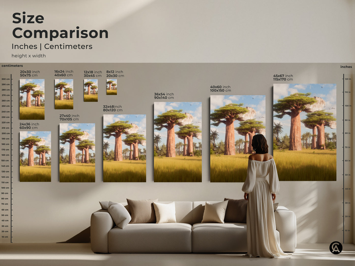 Size comparison of Baobab Tree art prints. See how different sizes fit in a living room setting. Available in inches and centimeters. Choose from 16x24 inch to 45x67 inch options. This realistic landscape painting brings the African Savanna to your home. Perfect wall decor.