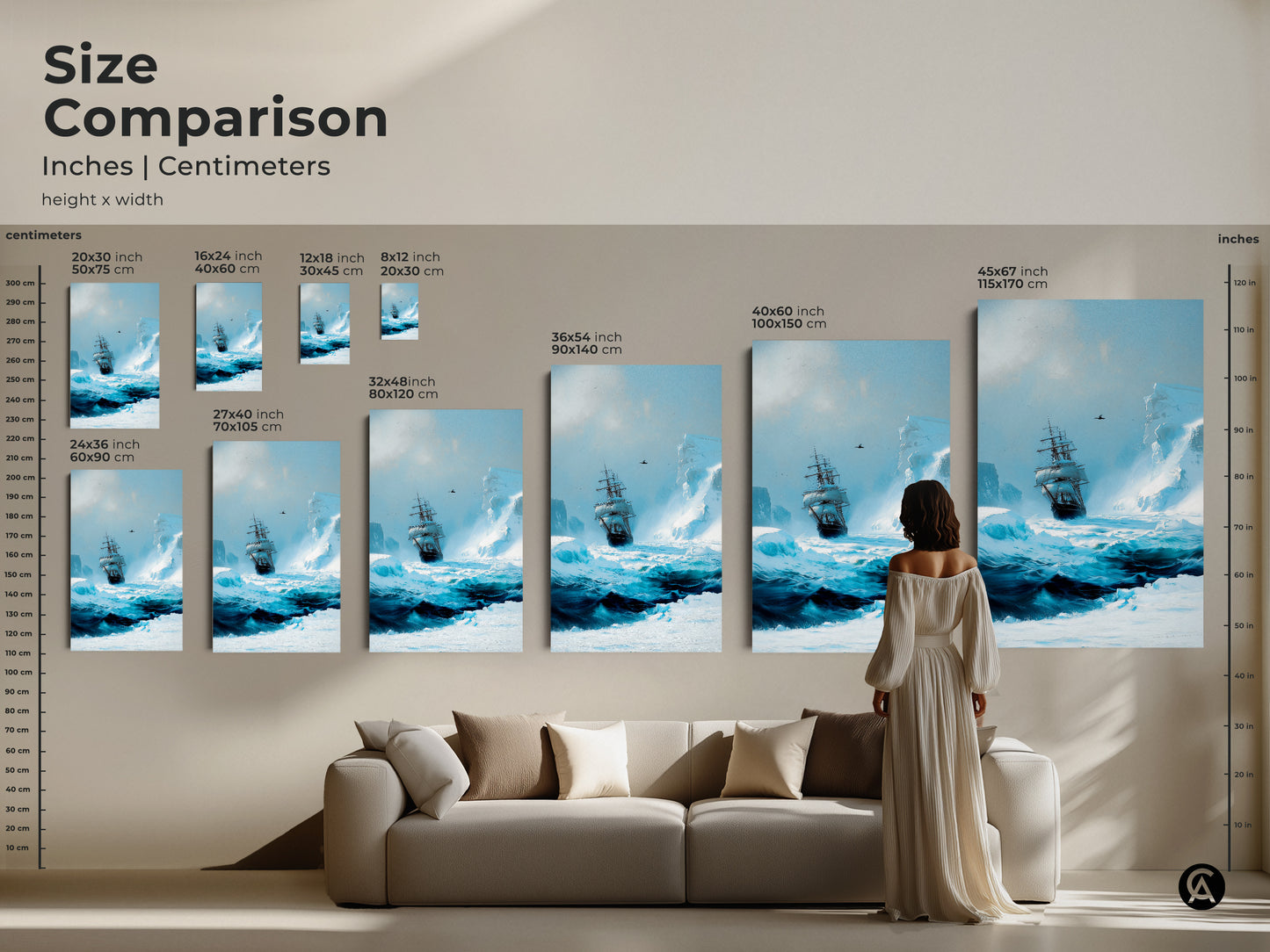 Size comparison of arctic tall ship art in inches and centimeters. See how various sizes fit above a couch. The ocean blue seascape print adds a maritime touch to your home decor.
