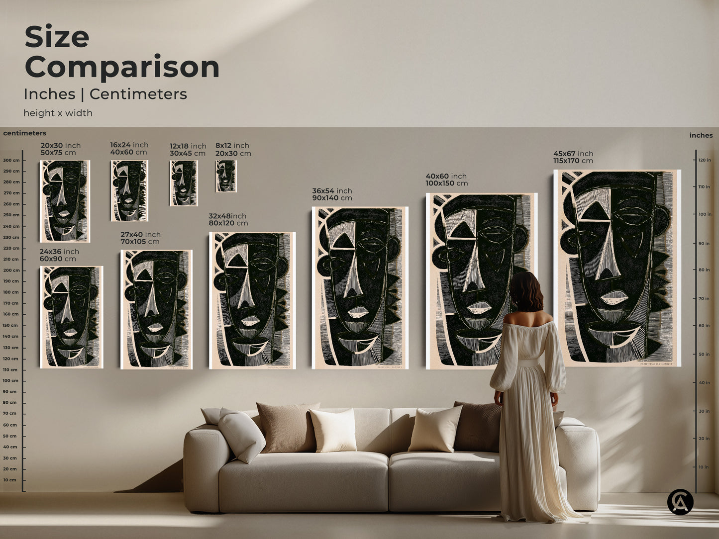 Size comparison of geometric face artwork canvas prints and posters in inches and centimeters. See how different sizes fit in a living room setting. Perfect eclectic wall decor.