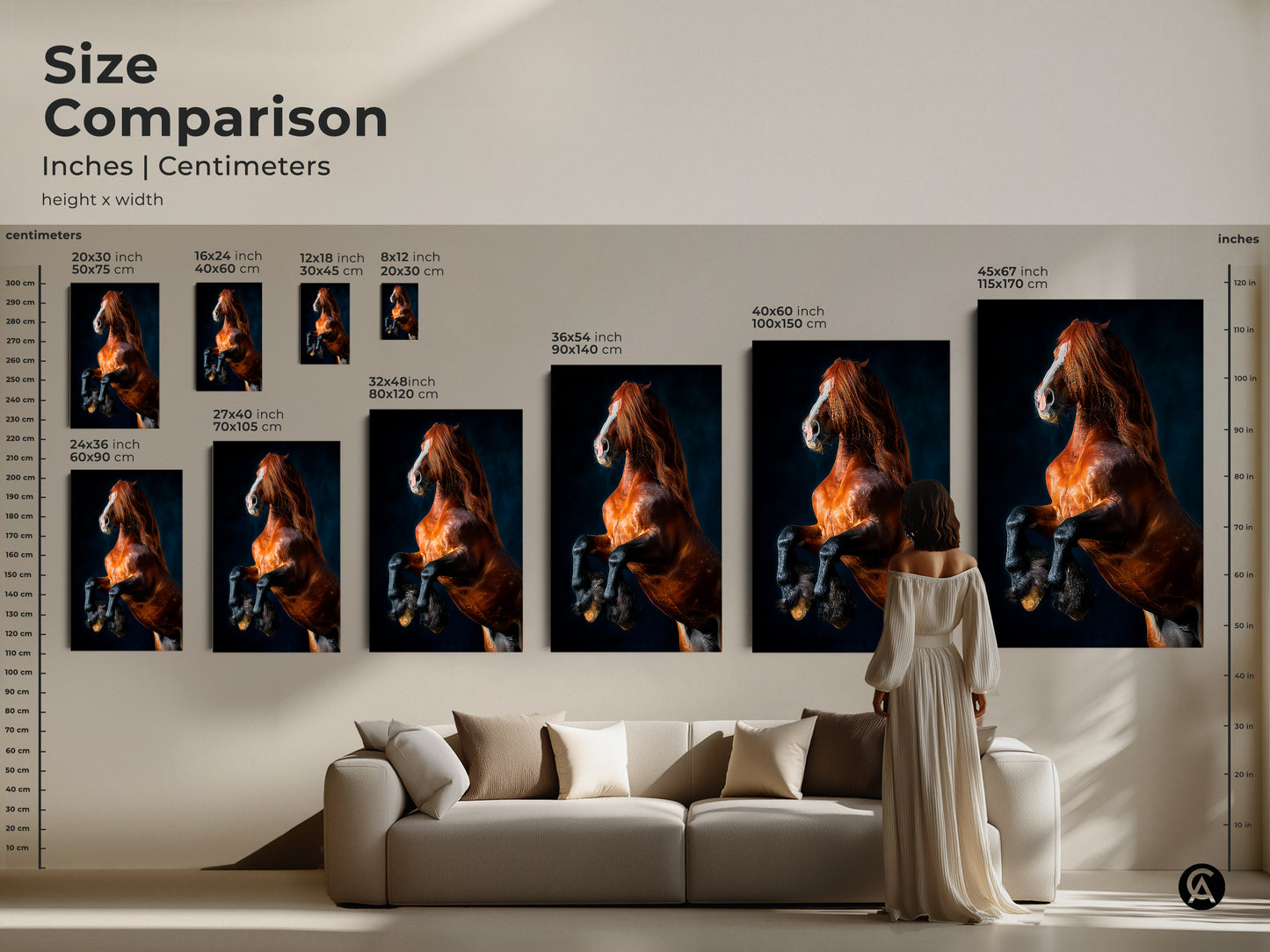 Size comparison of rearing horse artwork. See how canvas art transforms living spaces. Visualize sizes on a wall or above furniture. This dramatic horse art makes a statement. Perfect for horse lovers looking for powerful animal art.