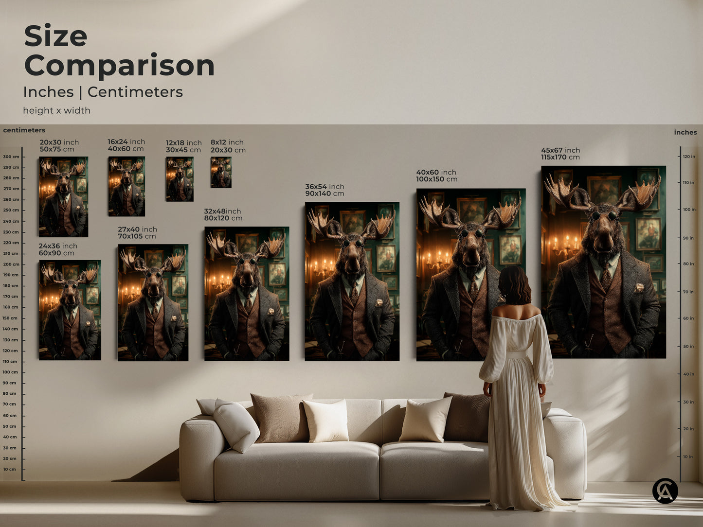 A size comparison featuring a steampunk moose inches and centimeters. Various sizes displayed above a sofa. This Victorian gentleman offers eclectic office decor. Select the ideal scale for your space for this unique portrait canvas.