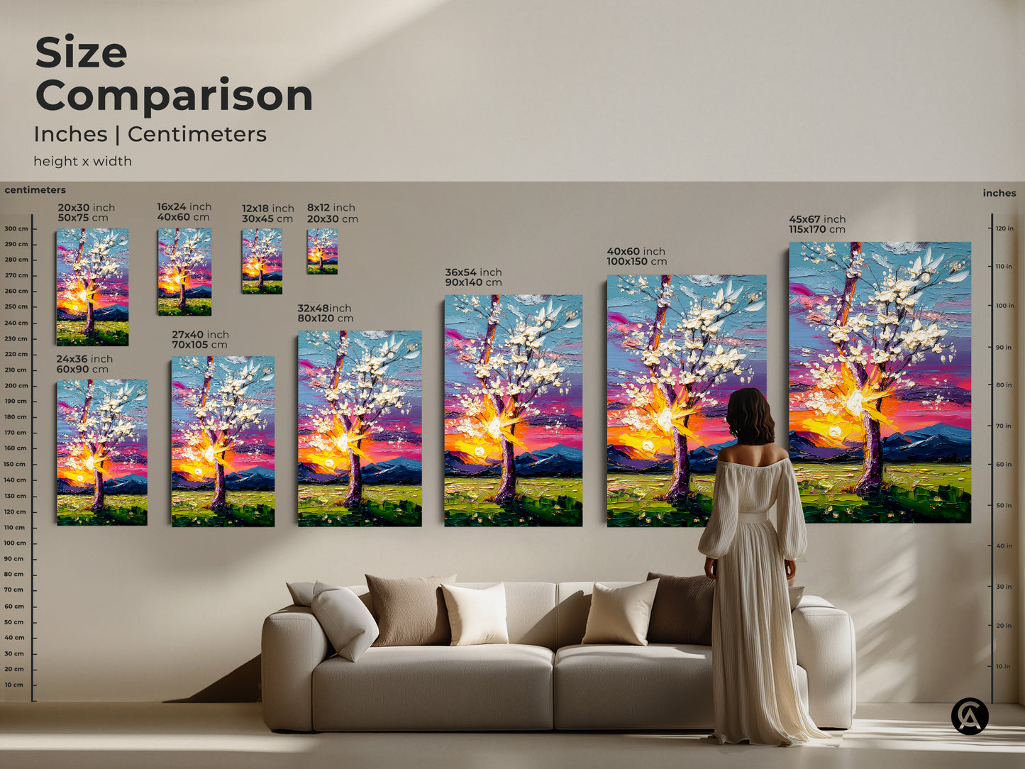 Size comparison of this sunset landscape print in inches and centimeters. Various sizes displayed above a sofa showing scale and impact. Perfect for creating a statement wall with nature-inspired artwork. Sizes from small to extra large.