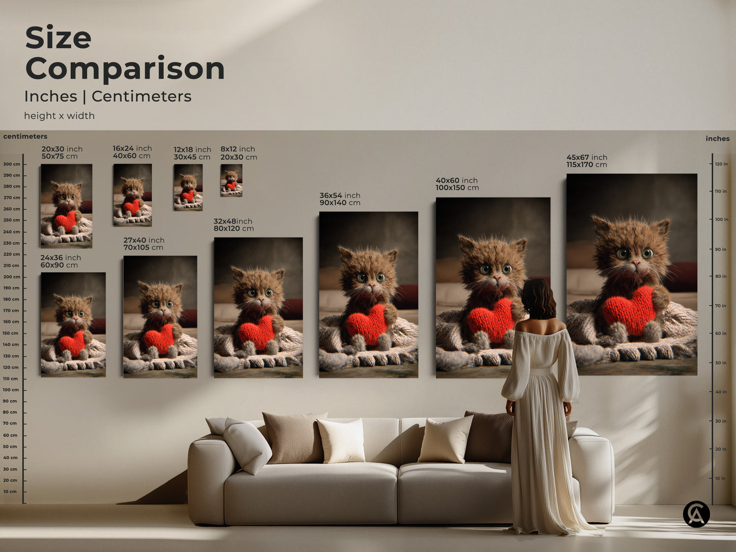 Size comparison of kitten holding heart artwork. See the artwork in various sizes above a couch. Visualize the 20x30 inch to 45x67 inch options. This adorable cat canvas print fits seamlessly into your home decor.