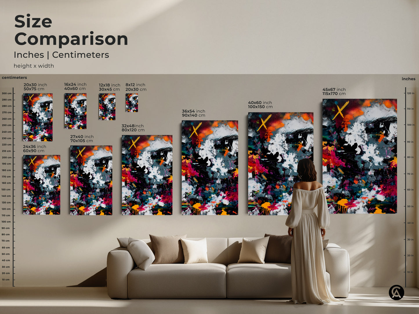 Size comparison of abstract art prints in inches and centimeters. Visualize how each artwork size fits in your living space. See the art in various dimensions. Find the perfect scale to enhance your home decor. Transform your interior with our art collection today