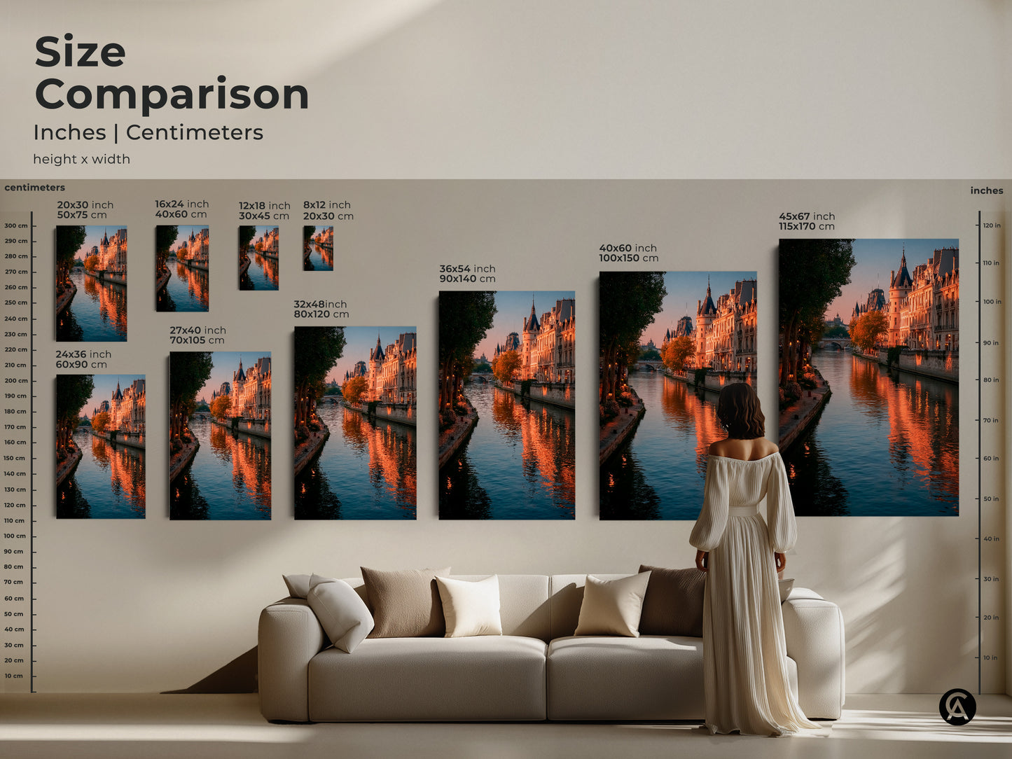 Size comparison of Parisian cityscape art in a living room setting. The Seine River photography is available in multiple sizes. Golden hour lighting highlights Parisian buildings. This canvas art brings contemporary French decor to your home. Find the perfect fit today. Consider it as Francophile gift.