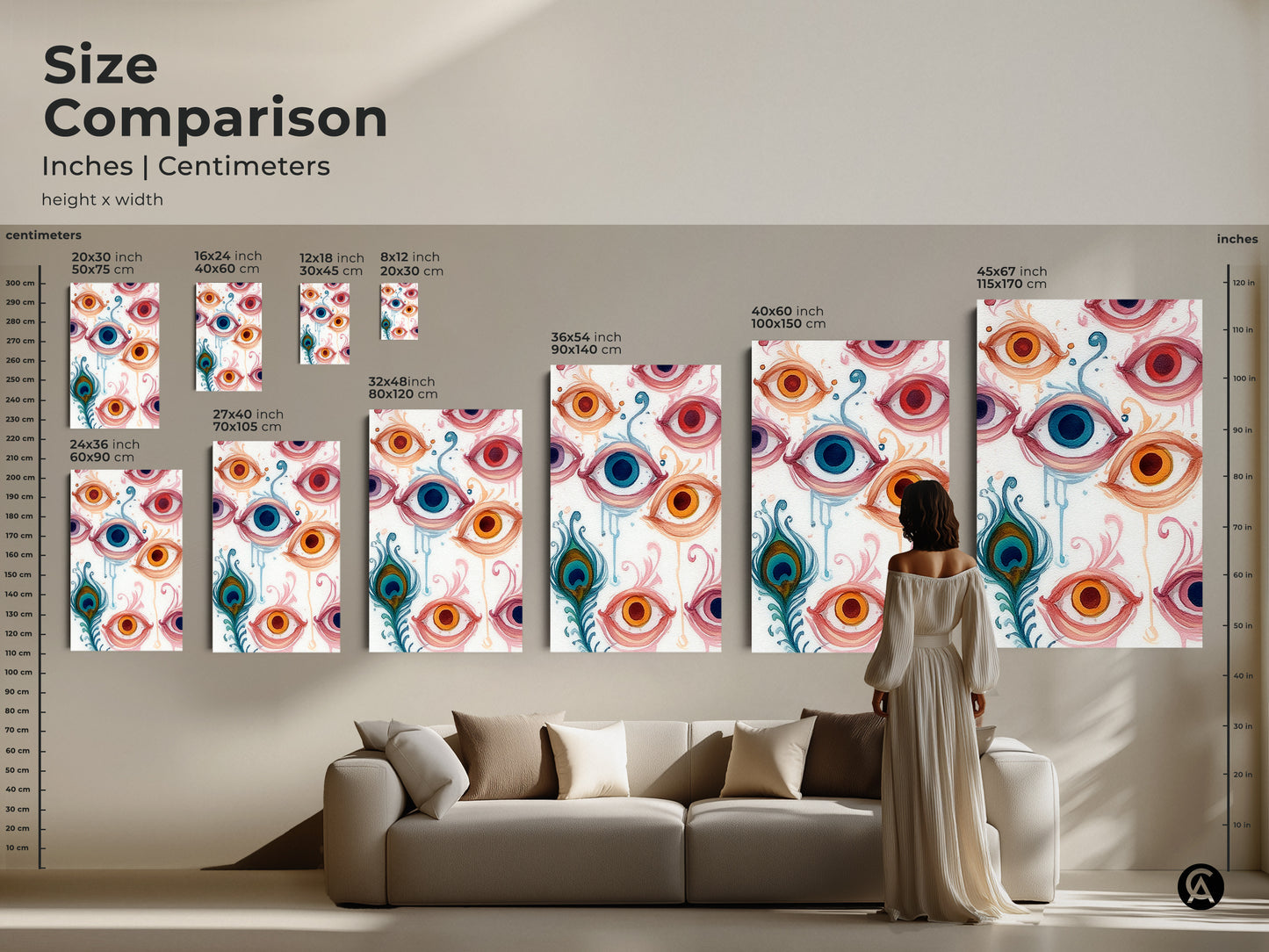 Size comparison view for Abstract Eye canvas artwork. The Peacock Feather print is a great fit above any couch. See how the floral swirls complement a bohemian living room. A unique home decor piece.