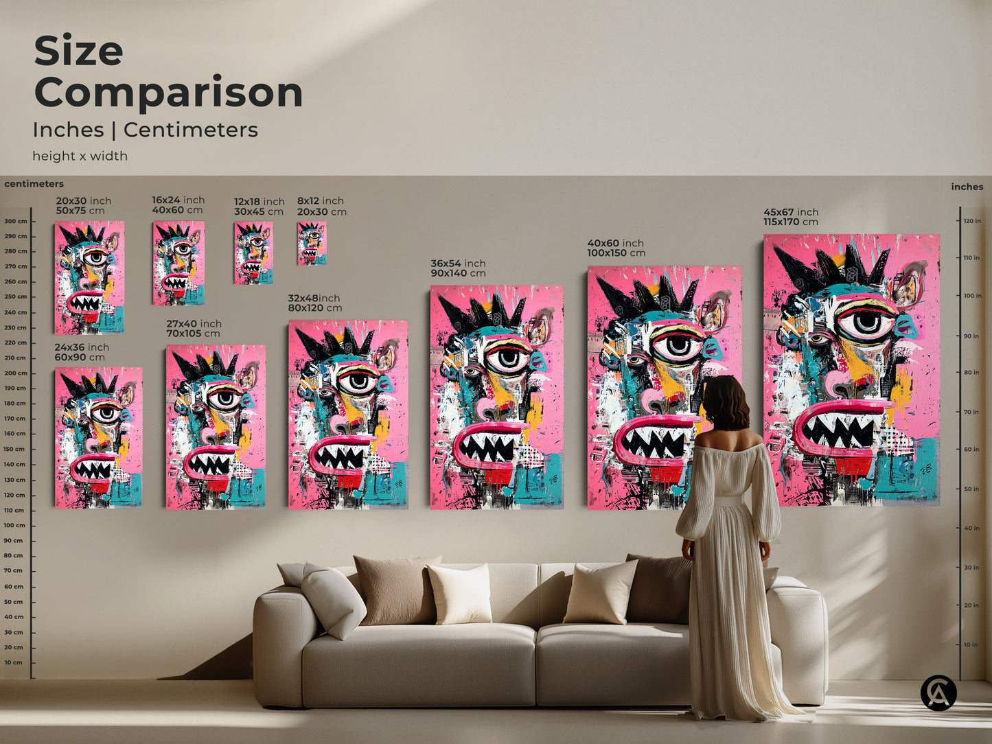 Size comparison of modern art prints. See how a fun monster face artwork looks in various sizes. Options range from small to large canvas and posters. A helpful guide to choose the right scale for your living space.