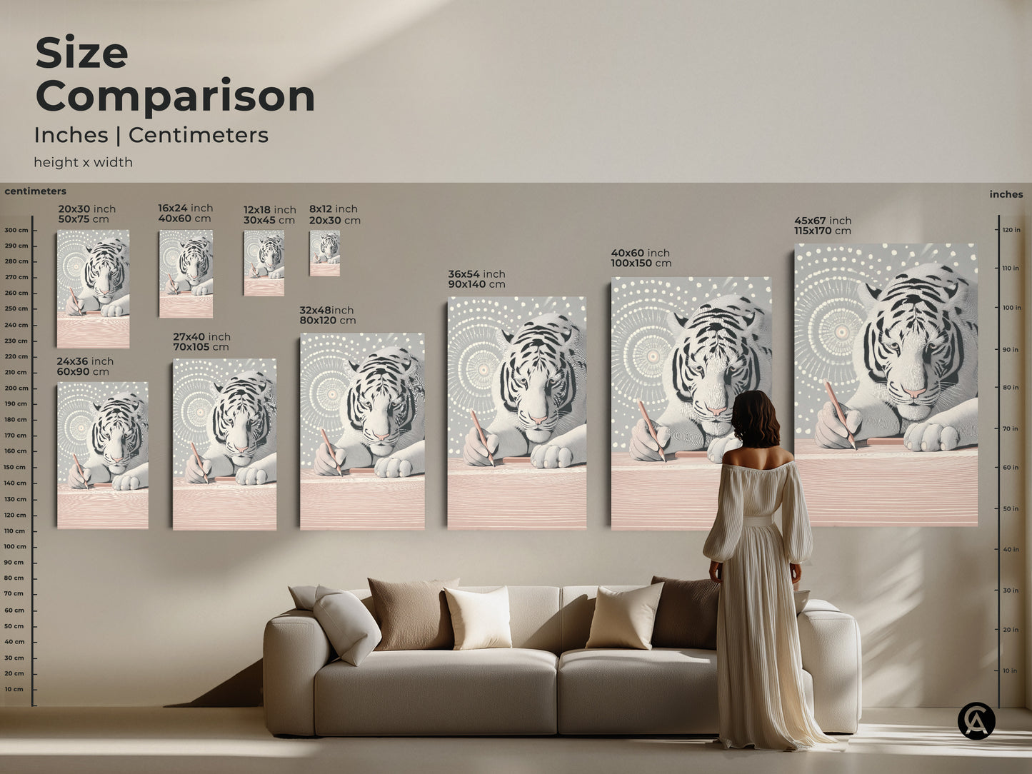 Compare sizes of the Minimalist White Tiger art. See how the artwork scales in inches and centimeters. Visualize the art above a sofa to gauge its impact. Various sizes are shown allowing customers to make informed purchase decisions. Find the perfect size for your space.