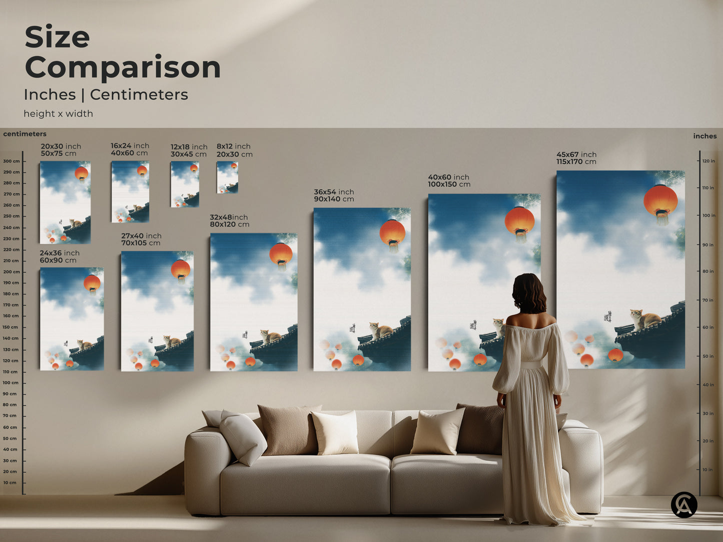 Size comparison of cat on rooftop art prints in inches and centimeters. Ranging from small to large these prints fit any space. Perfect for eclectic home decor. This traditional Asian cat art adds cultural flair. Ideal as a unique cat themed gift. It's a great gift for animal lovers.