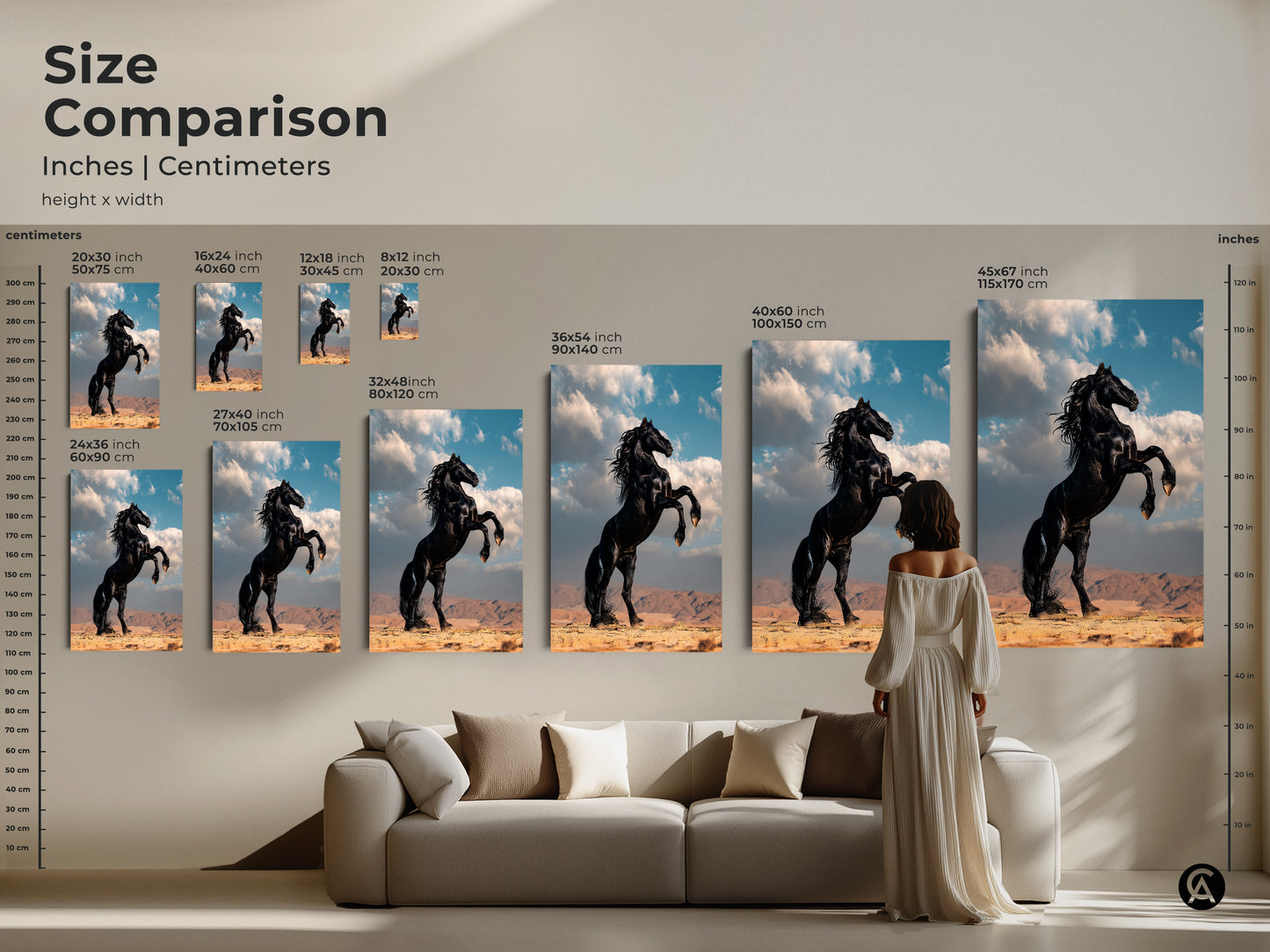 Size comparison of black horse canvas art. See how different sizes enhance your living room. Choose the ideal dimensions for your space. Find your perfect art piece today.