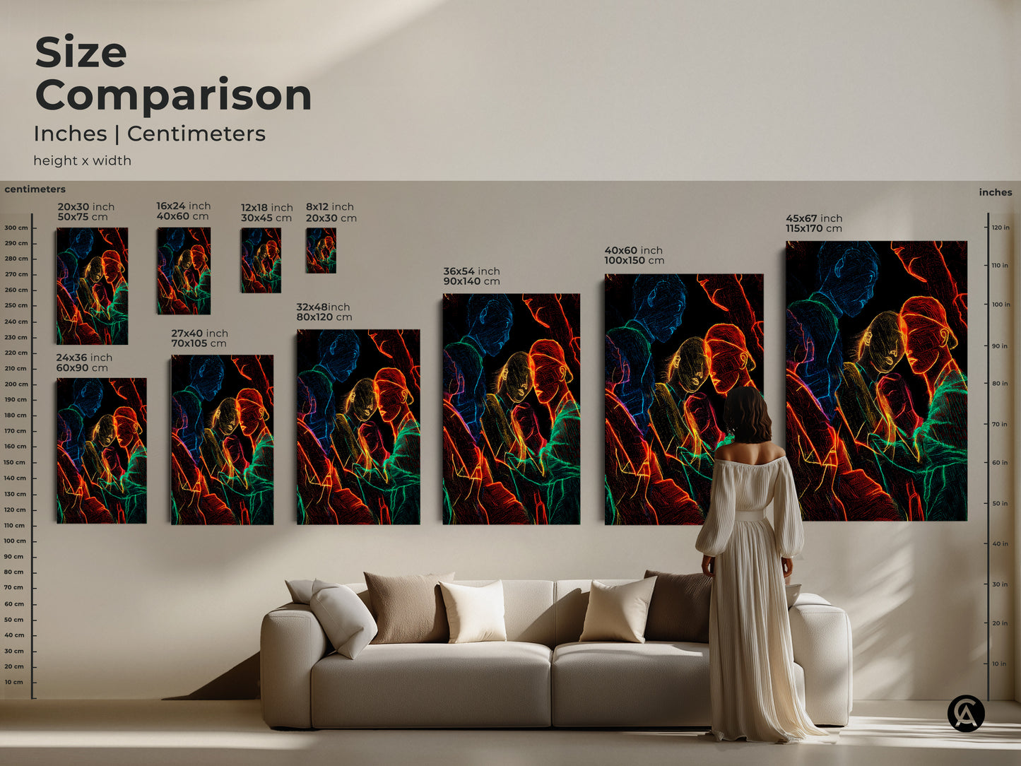 Size comparison of neon line art prints for contemporary home decor. Inches and Centimeters size chart. Various sizes of the canvas and poster of the abstract figurative people artwork. Perfect for adding a modern edgy touch.