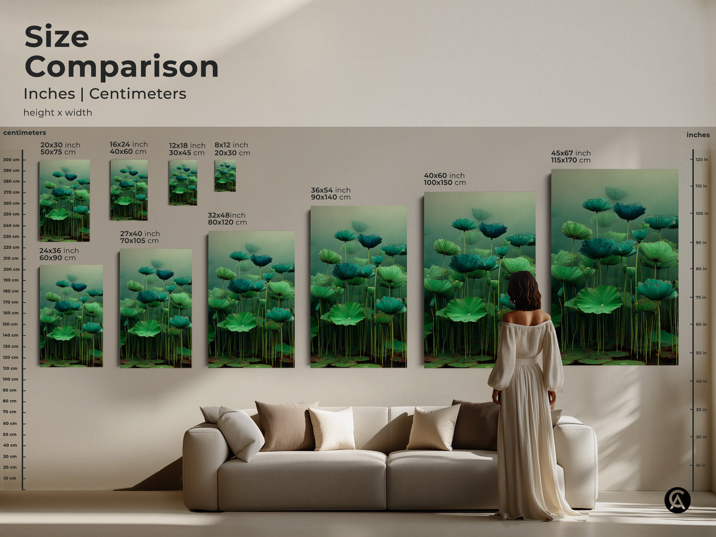 Size comparison of Emerald Zen Ink Lotus Wall Art. This chart compares inches and centimeters. Sizes vary from 8x12 to 45x67 inches. Ideal for japandi wall art. See how this green nature artwork looks above your sofa.
