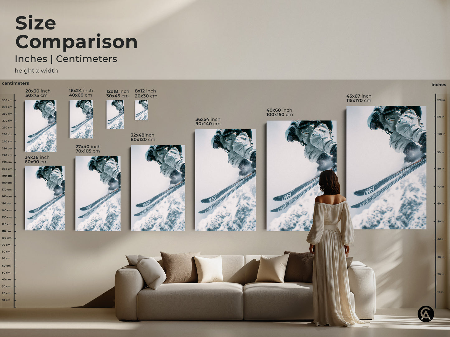 Size comparison for skier artwork prints. Various sizes are displayed in inches and centimeters. See how the artwork looks above a sofa. Choose the ideal dimensions for your room. Elevate your decor.