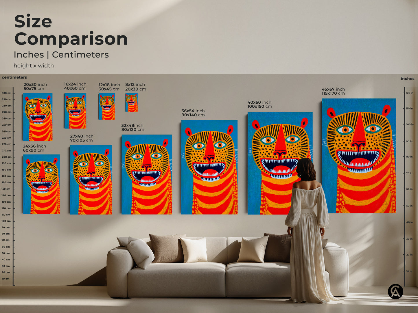 Size comparison of the folk art tiger prints in inches and centimeters is shown. The canvas and poster print sizes range from small to extra large. This modern abstract animal artwork makes a distinctive statement piece for home decor.