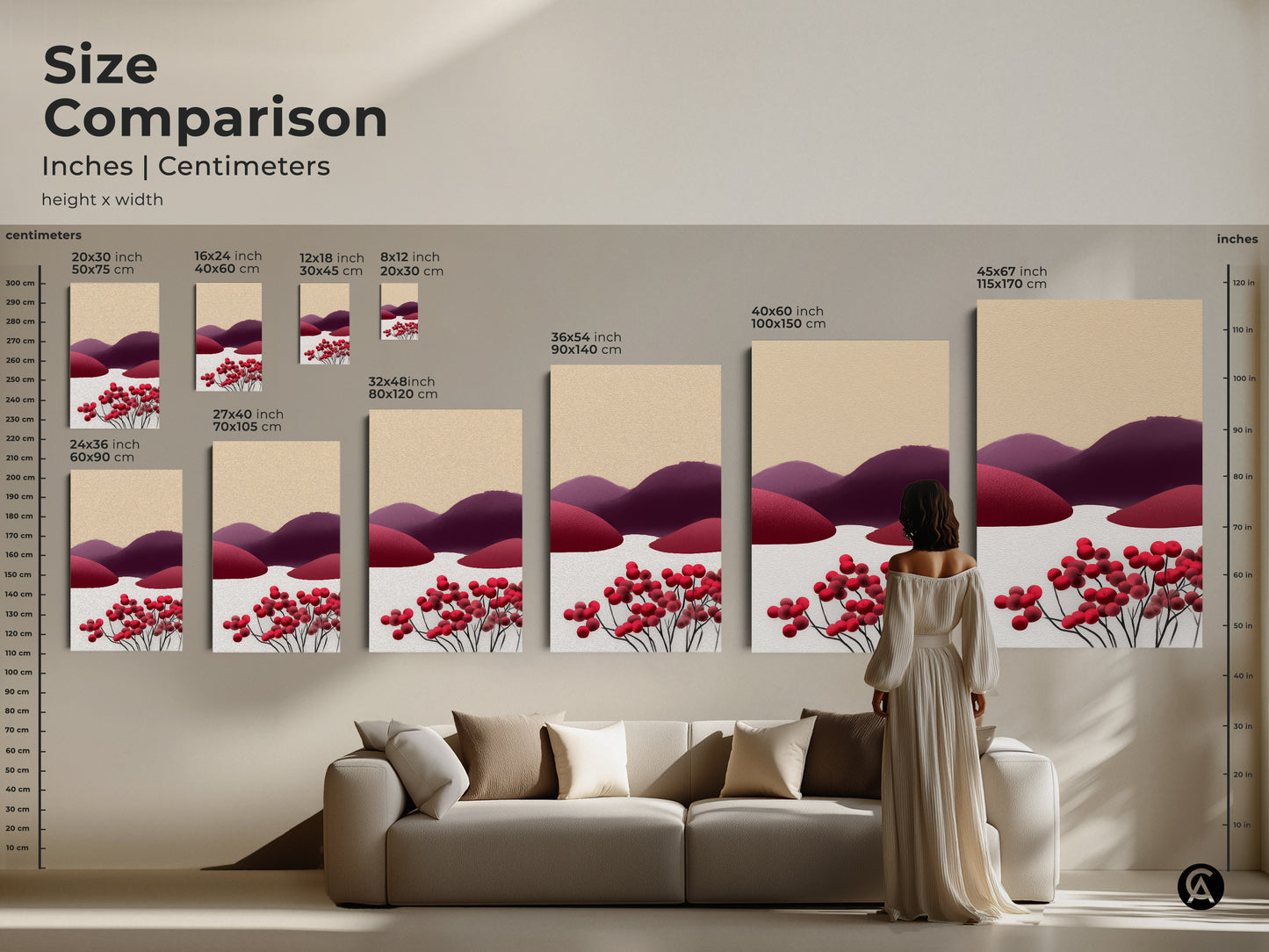 Size comparison. See the abstract berry hills artwork in various sizes. The minimalist red purple and beige art complements any living room. Choose the perfect Scandinavian folk art canvas.