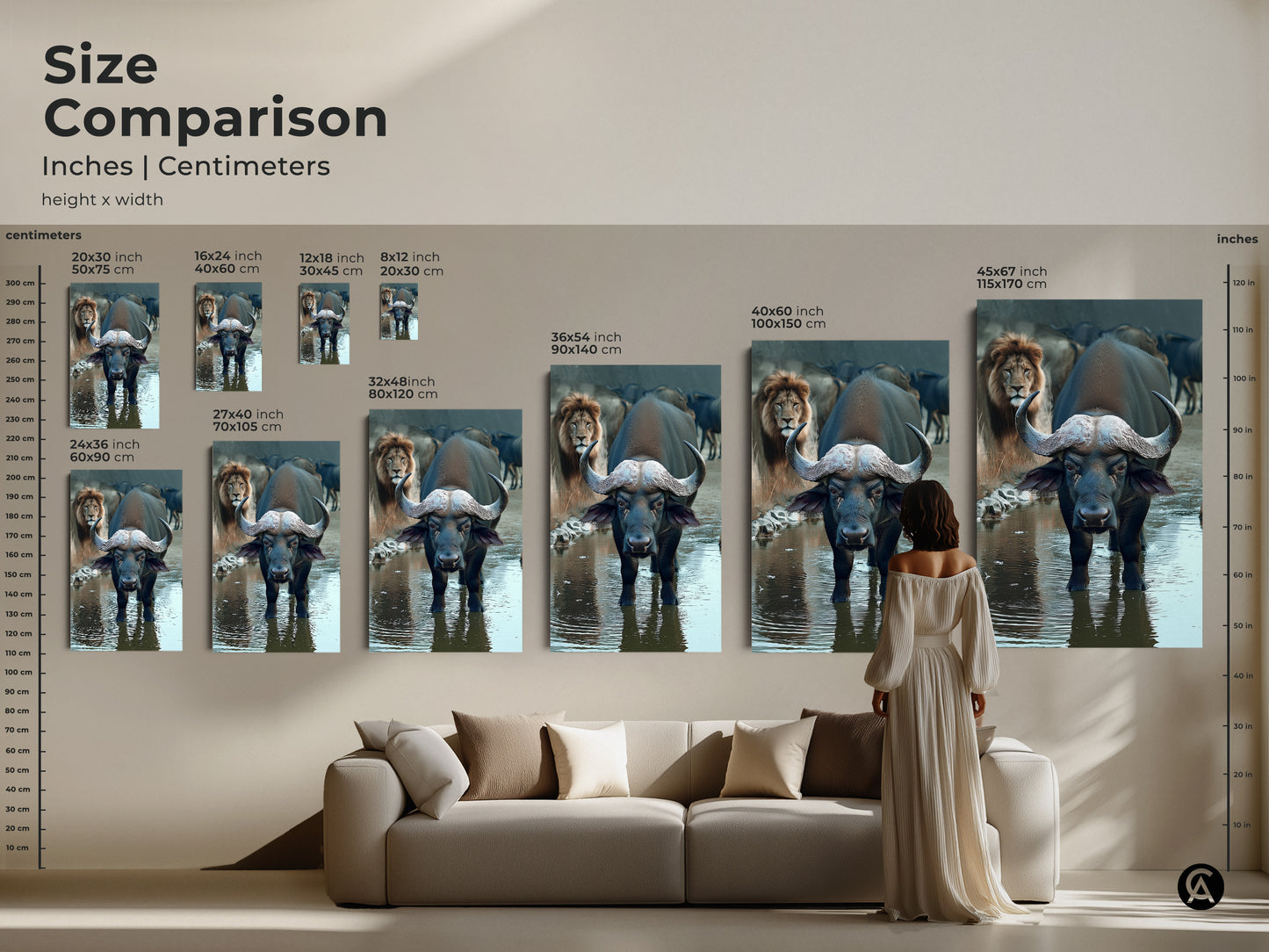 Compare sizes of Buffalo and Lion wall art in inches and centimeters. This size comparison helps visualize the scale of the African wildlife canvas print. See how the safari animals artwork fits above a sofa. It aids in choosing the right eclectic home decor piece.