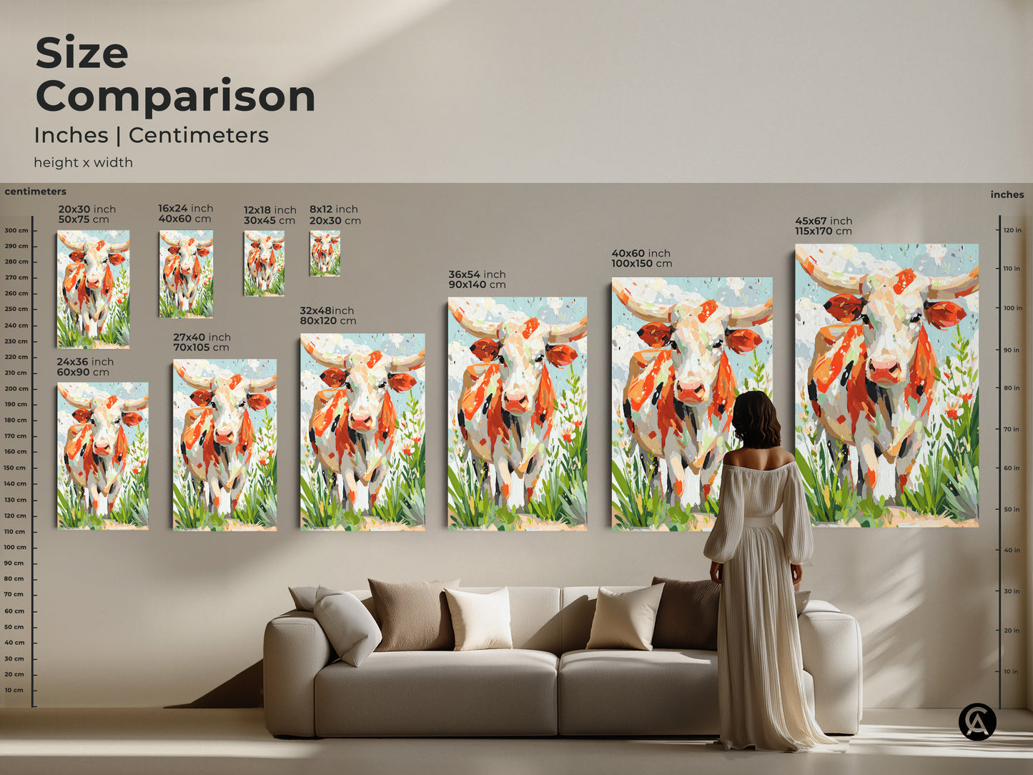Compare sizes of longhorn cow art prints. Options include inches and centimeters. See how the artwork scales in various room settings. Find the perfect size for your space and style.