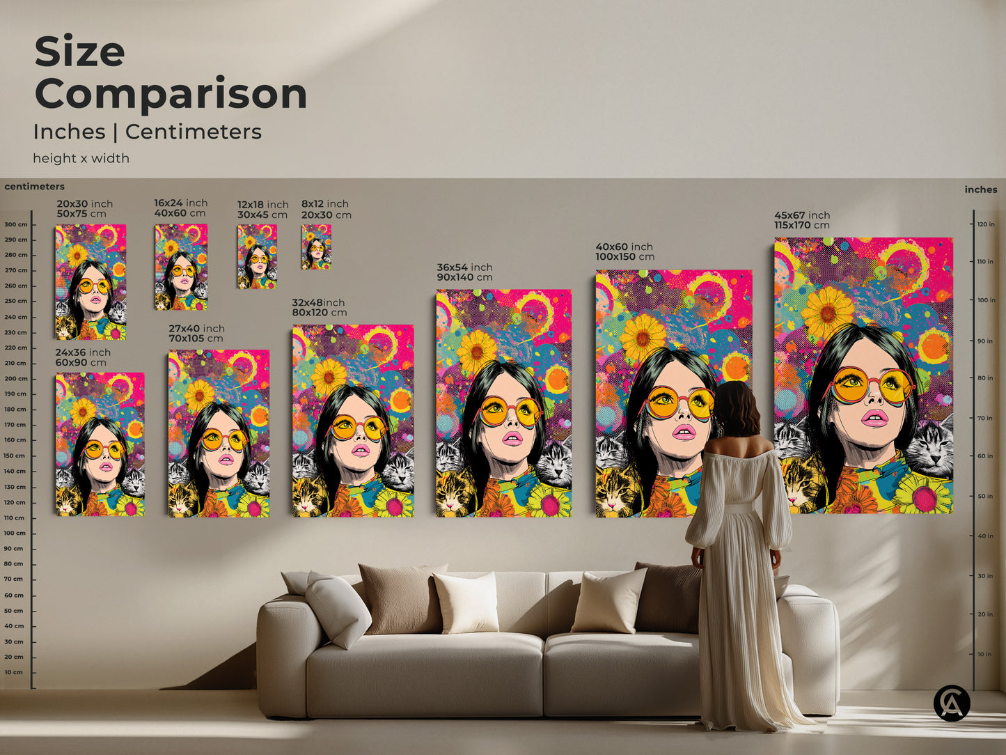 Size comparison of eclectic pop art featuring a woman with cats. Displayed in inches and centimeters. The retro cat lover gift is perfect for any room. The hot pink yellow teal colors make it vibrant. Choose from various sizes to suit your space. Enhance your home decor with this art.