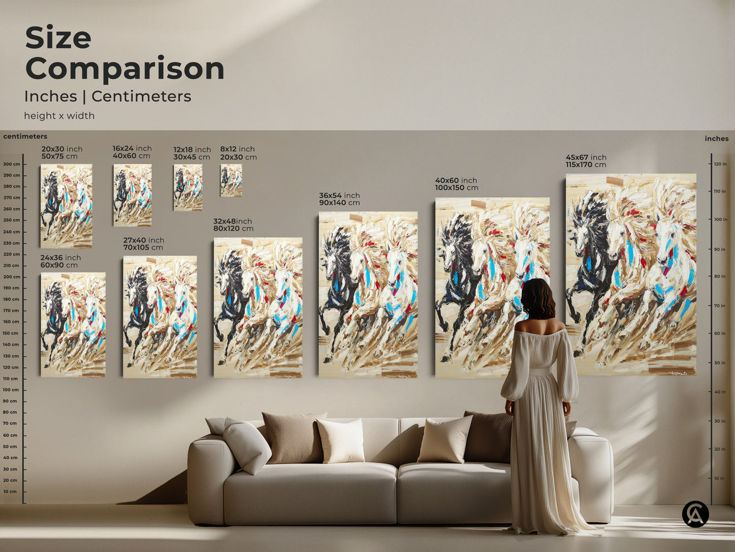 Size comparison of the three horses artwork in inches and centimeters. See how the canvas print looks above a couch to find your perfect size for this spiritual animal art.