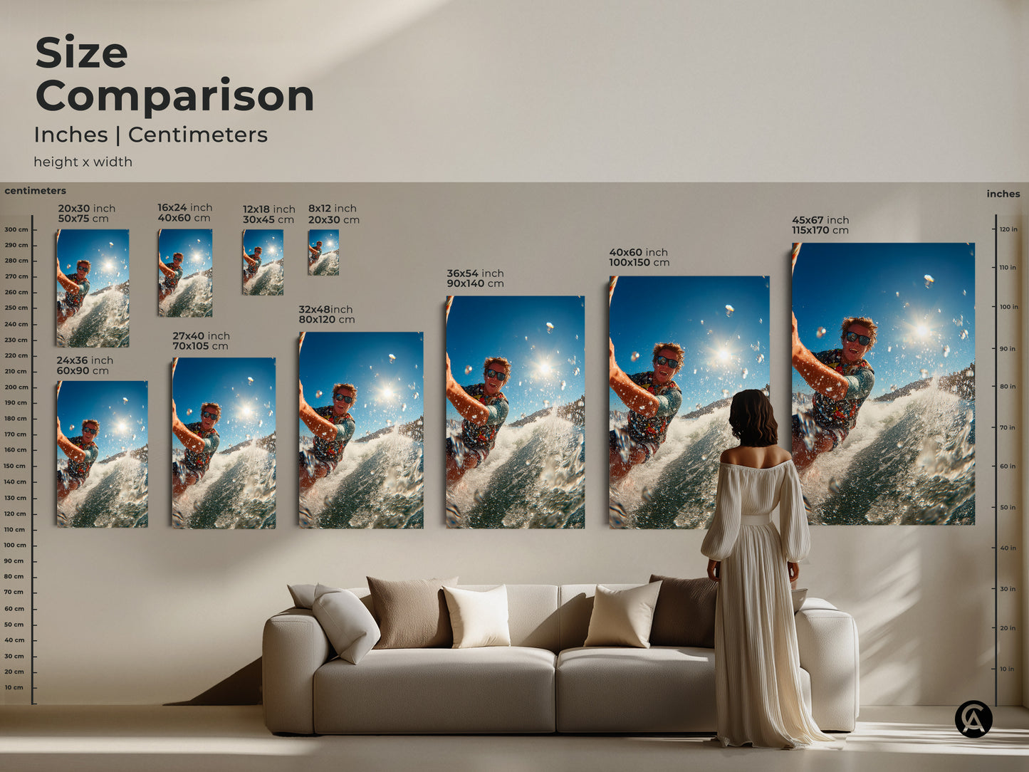 A size comparison shows a surfer art piece in different dimensions. Visualize how it fits in your living room. This artwork adds an adventurous touch to your home decor. Select the ideal size to create a stunning focal point.