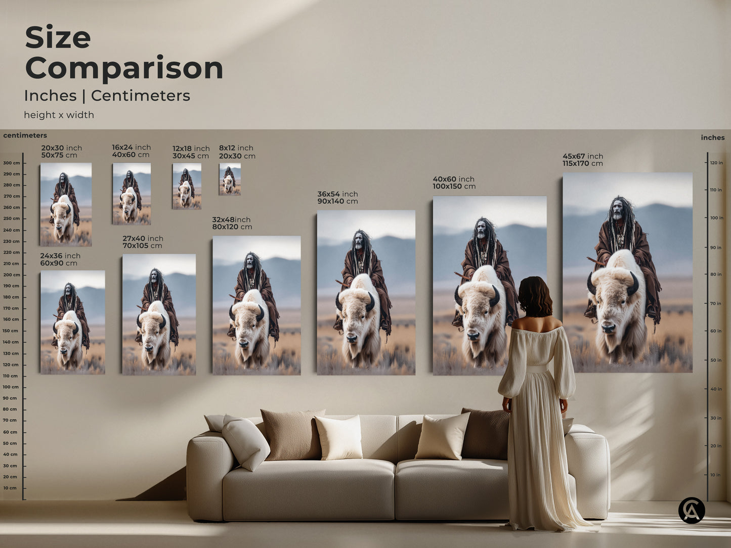 Compare sizes to find the ideal fit for your space. This artwork shows a Native American riding a white buffalo. It is available in various dimensions. See how it looks above a sofa for the perfect gallery art piece.