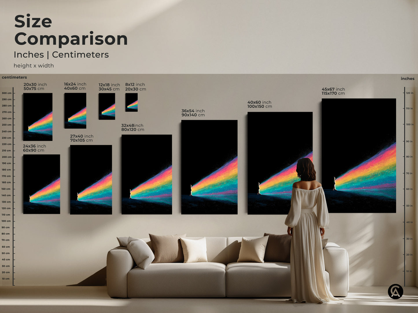 Compare sizes of this abstract rainbow art print with our size comparison tool. See how each canvas print fits above a sofa. Visualize the impact of different dimensions on your wall. This surreal person walking canvas makes a great piece of modern home art.