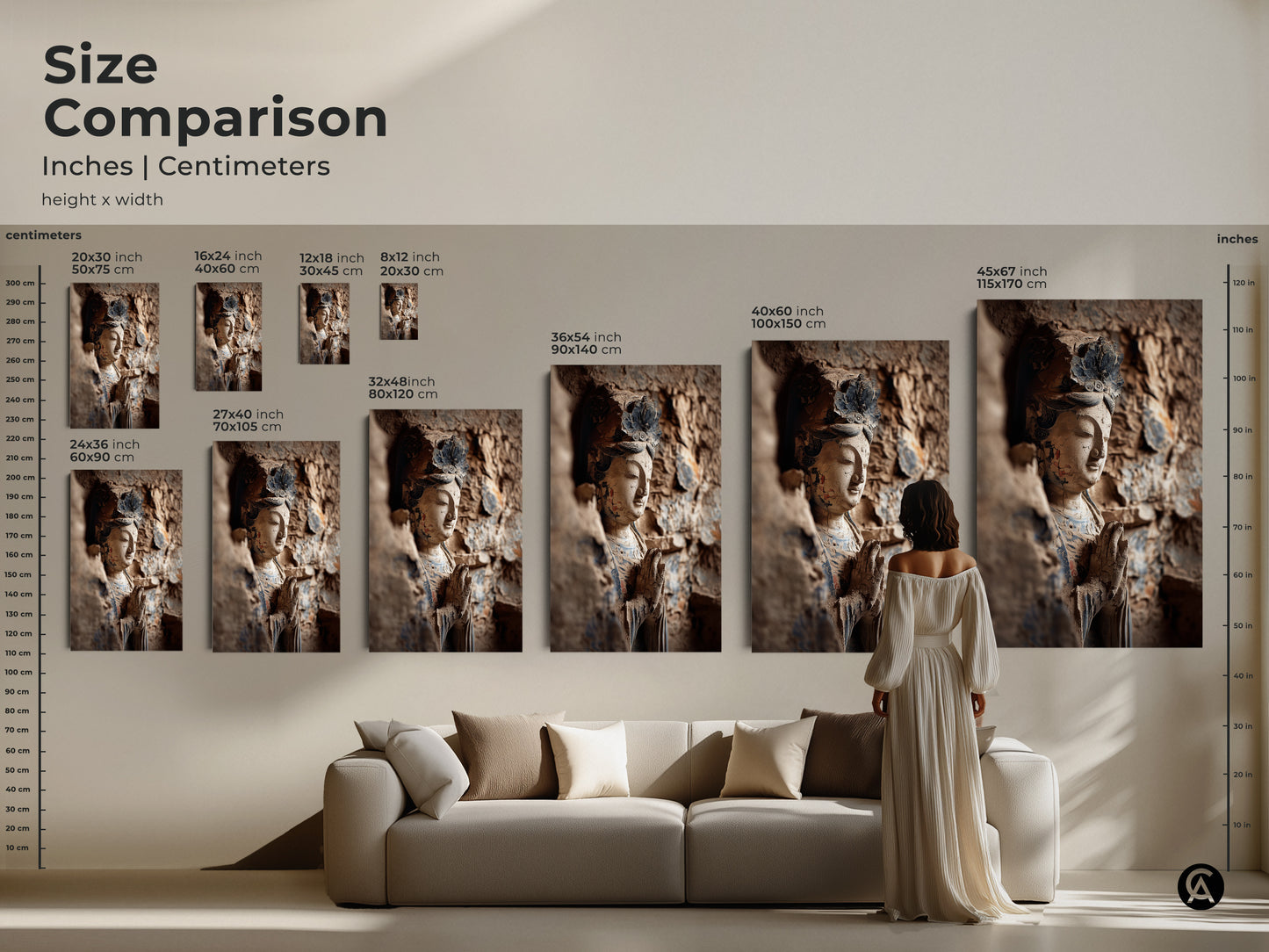 Compare sizes of the Buddha statue artwork. See inches and centimeters. The canvas and poster options are available in multiple dimensions. Perfect for any room or decor style.