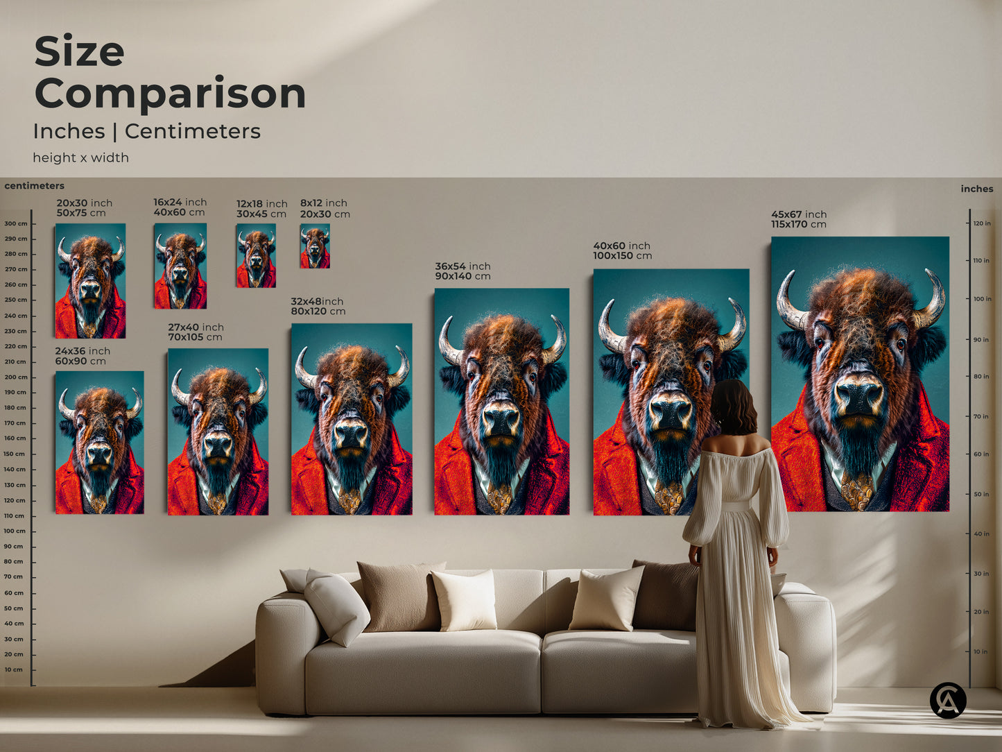 Size comparison of the buffalo in a suit artwork in inches and centimeters. See how different sizes fit above a sofa. Visualize the impact of various dimensions on your wall. Choose the ideal size to enhance your living space with this animal art.