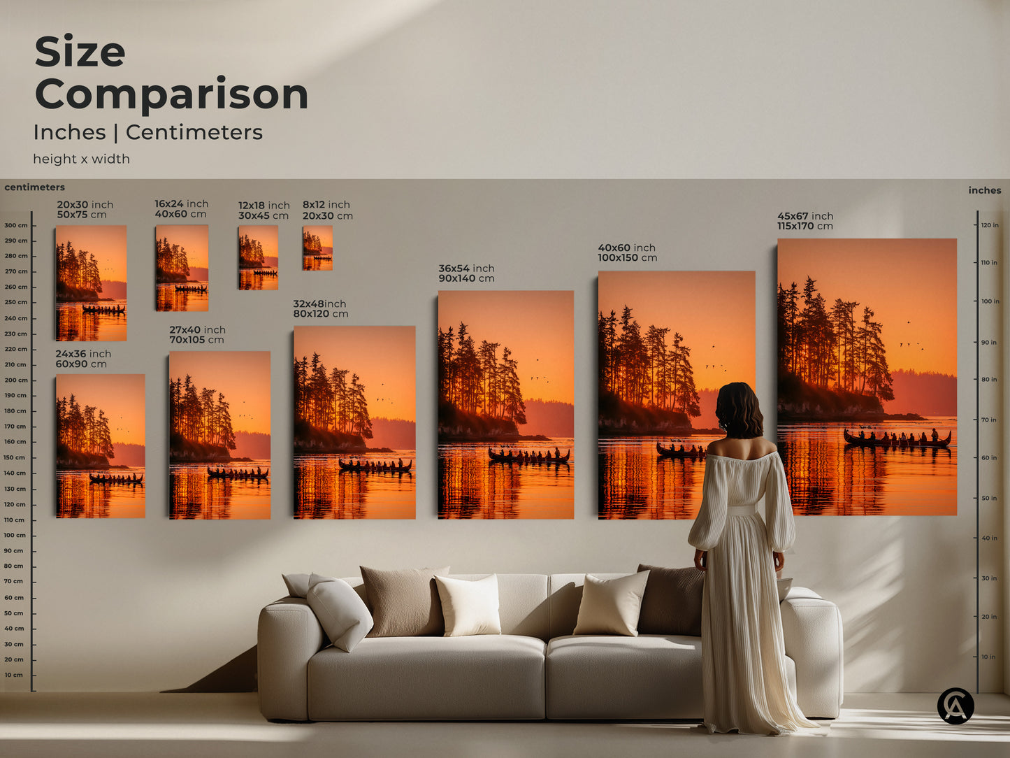 See a size comparison of this captivating sunset and canoe artwork in inches and centimeters. Visualize the different sizes in a room setting. From small to extra large find the perfect fit for your space. Shop canvas prints and posters to transform your home decor today.