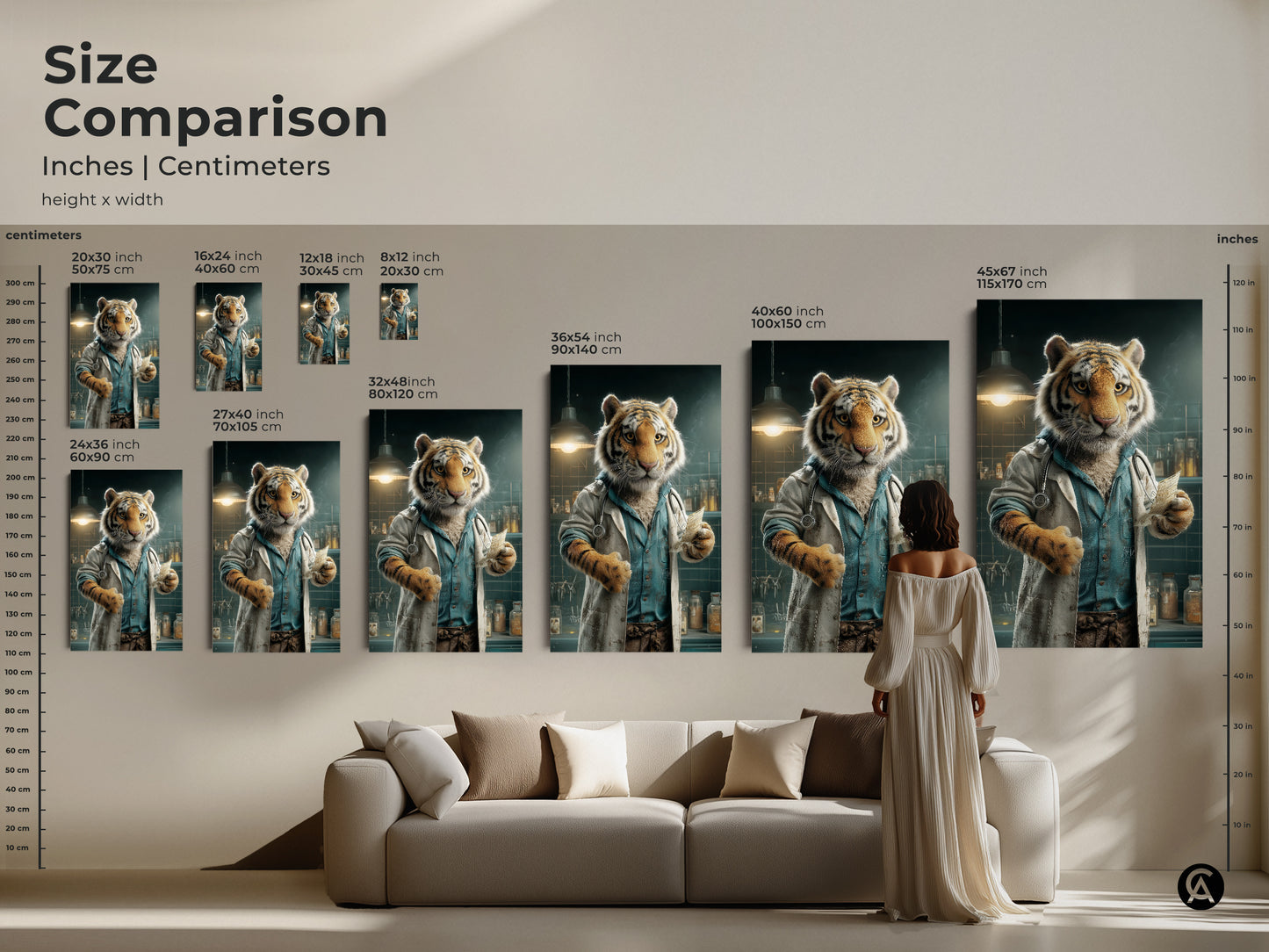 A size comparison of an artwork featuring a tiger dressed as a doctor. The artwork is shown in various sizes in inches and centimeters. A woman is standing in front of a couch to show scale. Find the perfect size for your wall decor