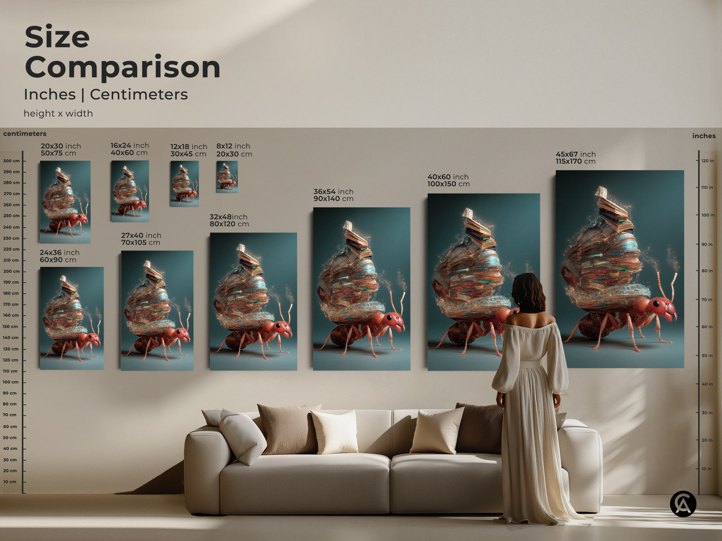 Compare sizes of the fantasy ant artwork in inches and centimeters. Imagine the canvas print above a sofa. Visualize how the sizes fit in your space. The art featuring an ant carrying books is perfect for eclectic homes.