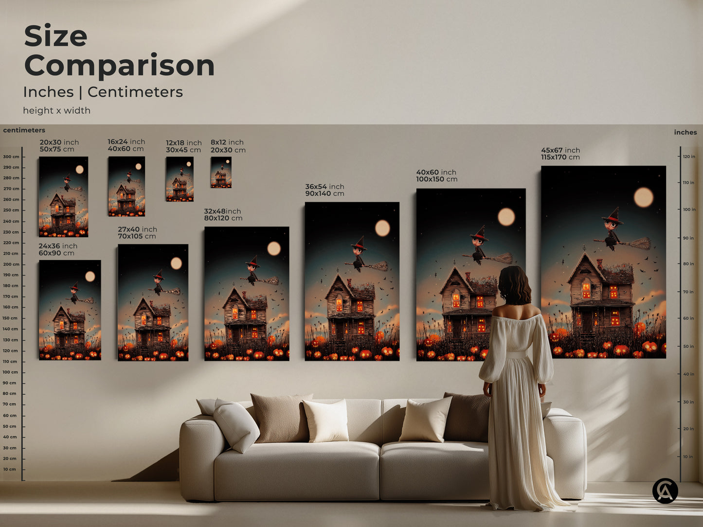 Size comparison featuring a cute witch Halloween canvas print. Artwork shows inches and centimeters. Various sizes make it easy to find the ideal art for your space. Enhance your home with dark blue orange spooky fantasy art perfect for any eclectic space.