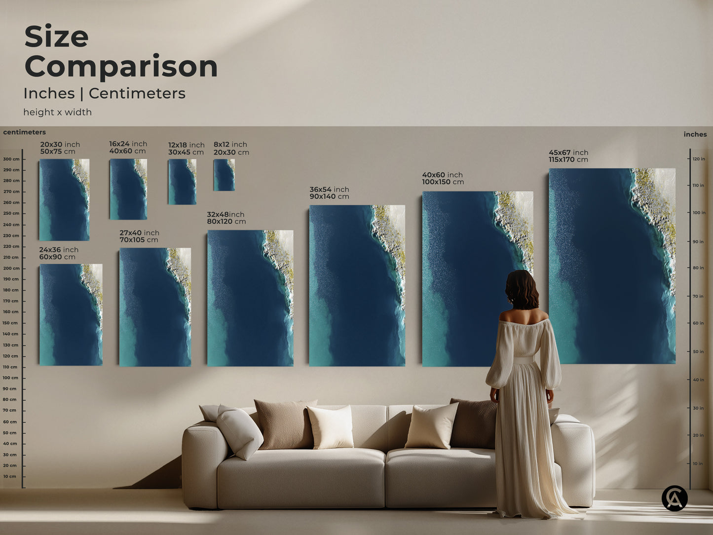 Size Comparison for Coastal Abstract Wall Art. See how the artwork looks in various sizes from 20x30 cm to 45x67 inches. Visualize the impact of this deep blue shoreline canvas in your living room. Perfect for any space.